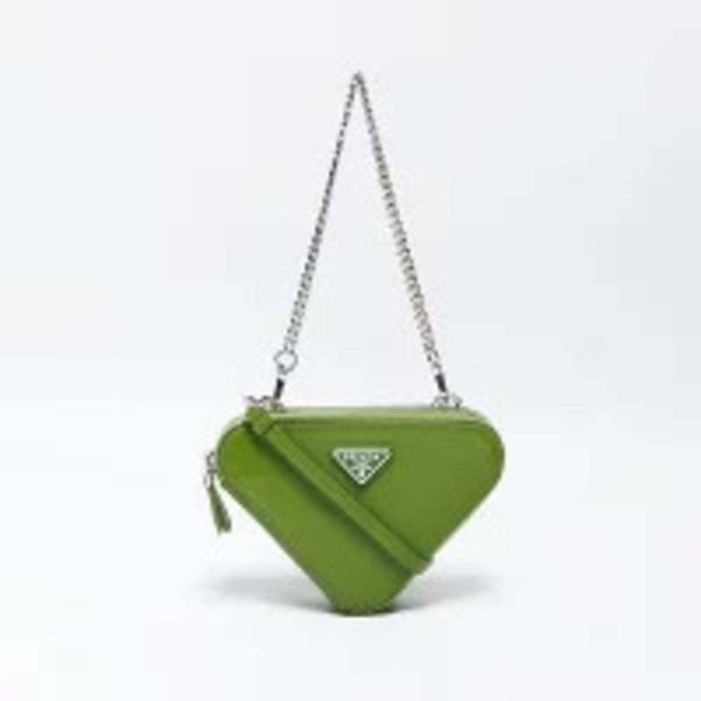 Prada Triangle Logo Peach Patent Vernis Chain Shoulder Bag Green - Picture 2 of 13
